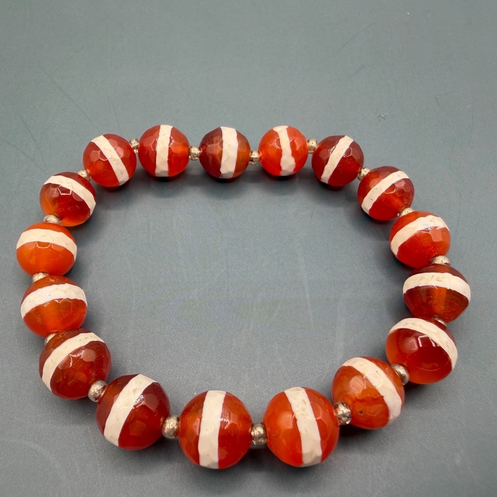 Orange White Faceted Bead Stretch Bracelet Boho Chunky Statement Festival Gift